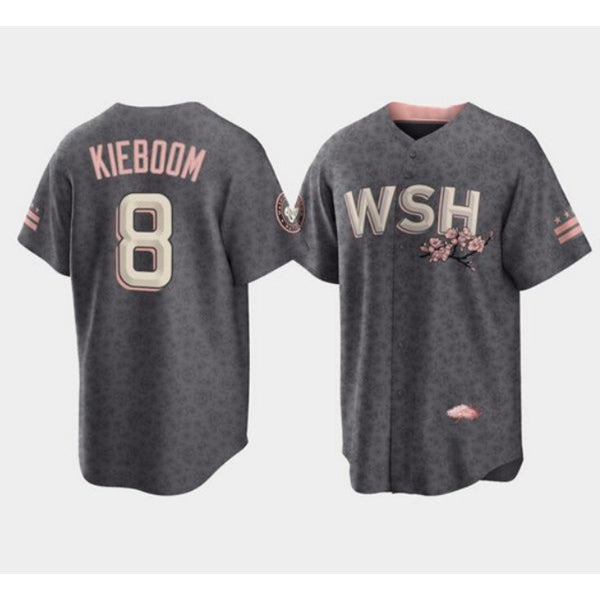 Washington Nationals #8 Carter Kieboom 2022 Grey Puhics City Connect Cherry Blossom Cool Base Stitched Jersey