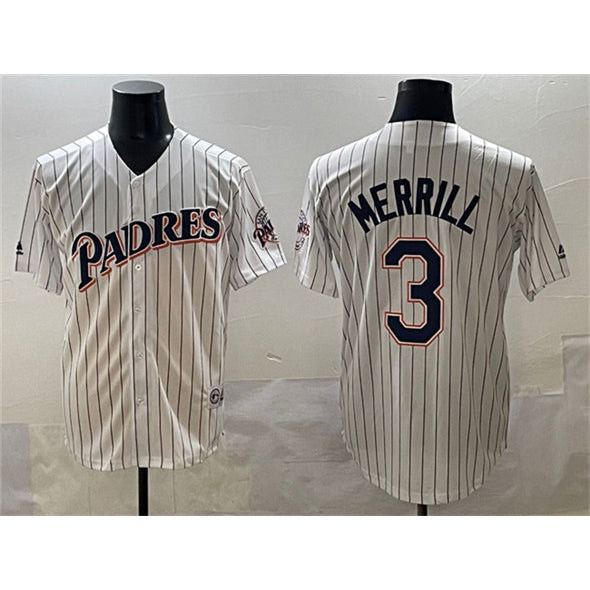 San Diego Padres #3 Jackson Merrill White Puhics Throwback With Patch Cool Base Stitched Jersey