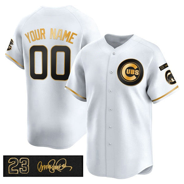 Custom Chicago Cubs Active Player White Gold Puhics 'Ryne Sandberg Tribute' Vapor Limited V3 Stitched Jersey