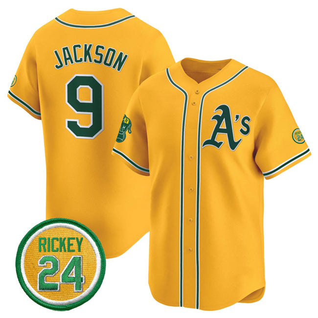 Oakland Athletics #9 Reggie Jackson Yellow Puhics 2024 Limited With Rickey Henderson Patch Stitched Jersey