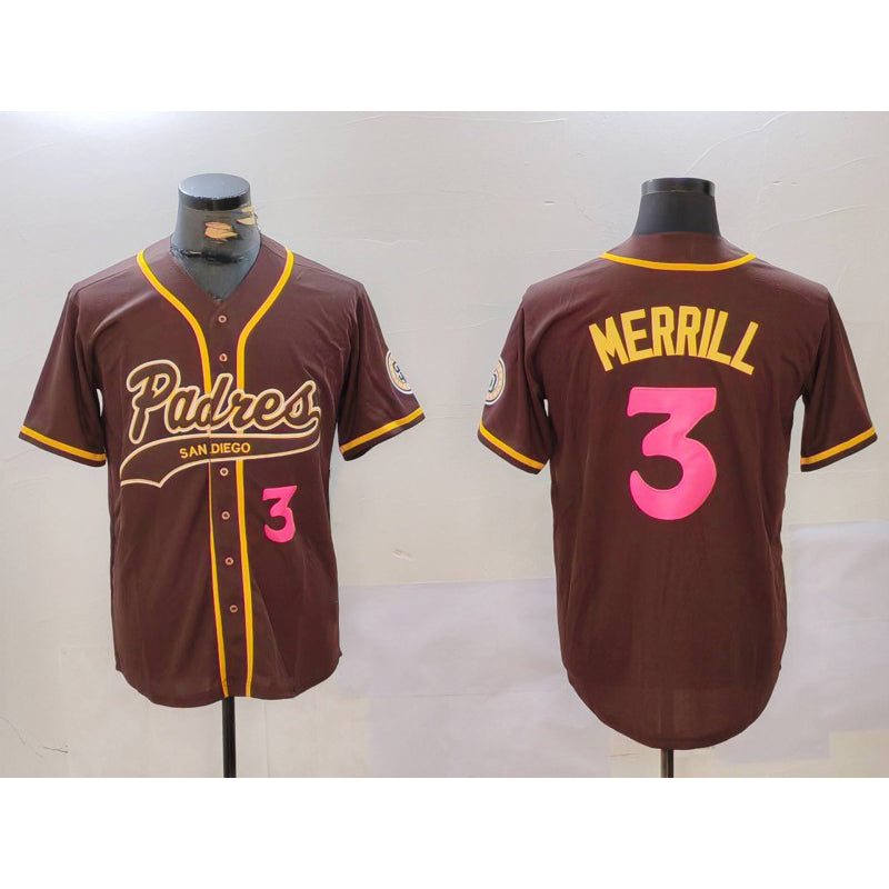 San Diego Padres #3 Jackson Merrill Brown Puhics Cool Base Stitched Jersey 2