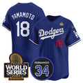 Los Angeles Dodgers #18 Yoshinobu Yamamoto Royal Puhics 2024 World Series With Fernando Memorial Patch Limited Stitched Jersey