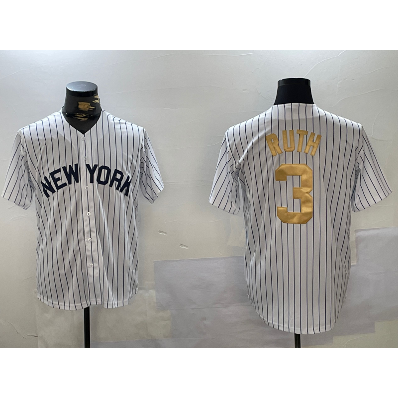 New York Yankees #3 Babe Ruth White Puhics Pinstripe Fashion Cool Base Jersey 2