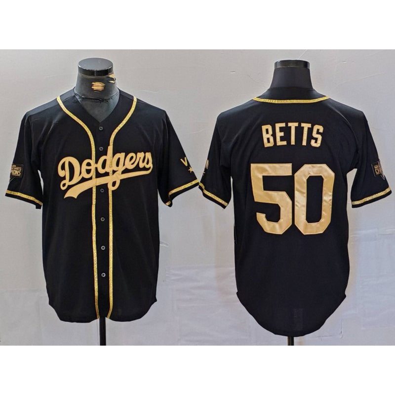 Los Angeles Dodgers #50 Mookie Betts Black Gold Puhics World Series Champions Cool Base Stitched Jersey