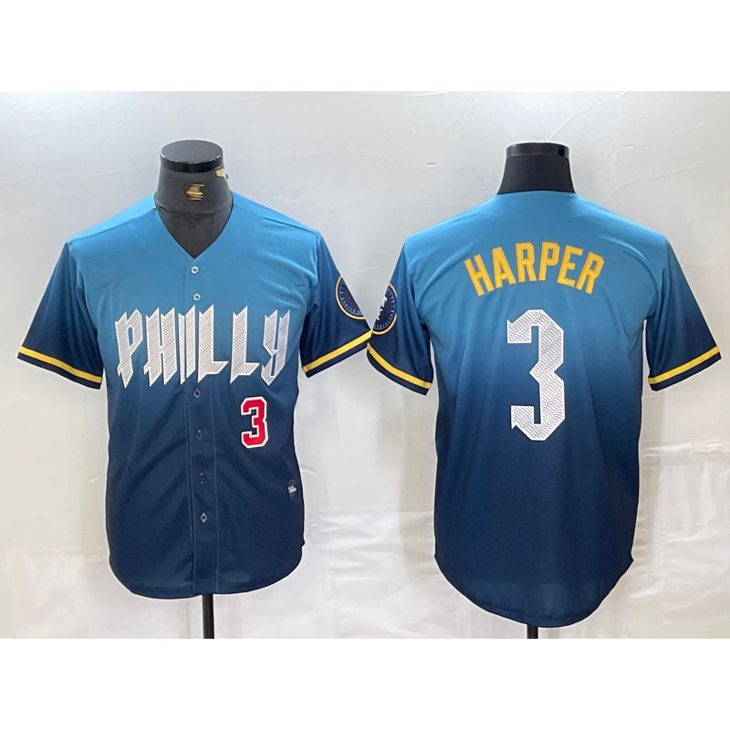 Philadelphia Phillies #3 Bryce Harper Number Blue Puhics 2024 City Connect Limited Stitched Jersey 2