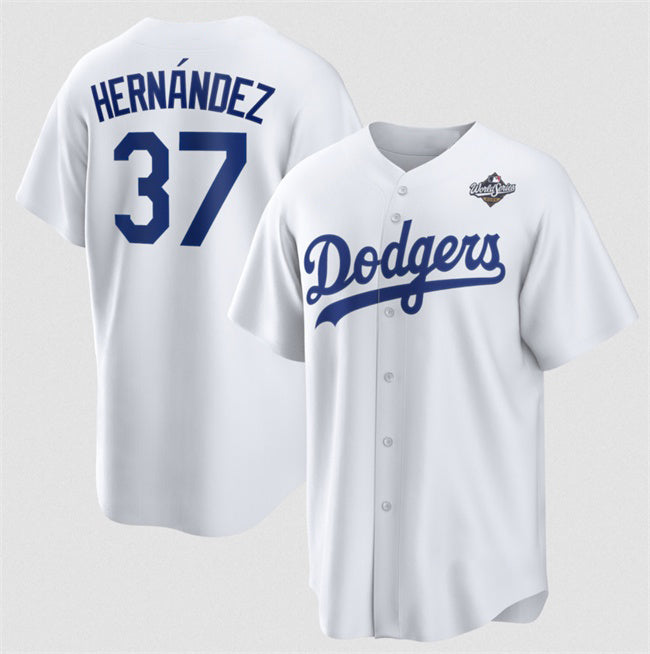 Los Angeles Dodgers #37 Teoscar Hern¨¢ndez White Puhics 2025 World Series Home Cool Base Stitched Jersey