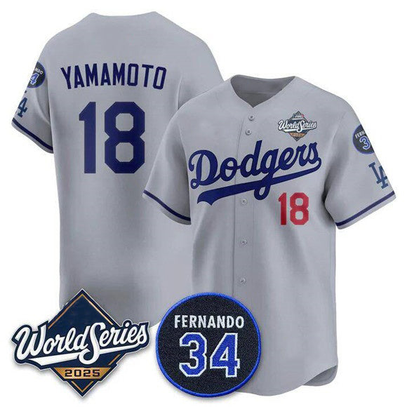 Los Angeles Dodgers #18 Yoshinobu Yamamoto Gray Puhics 2025 World Series With No. 34 Patch Limited Stitched Jersey