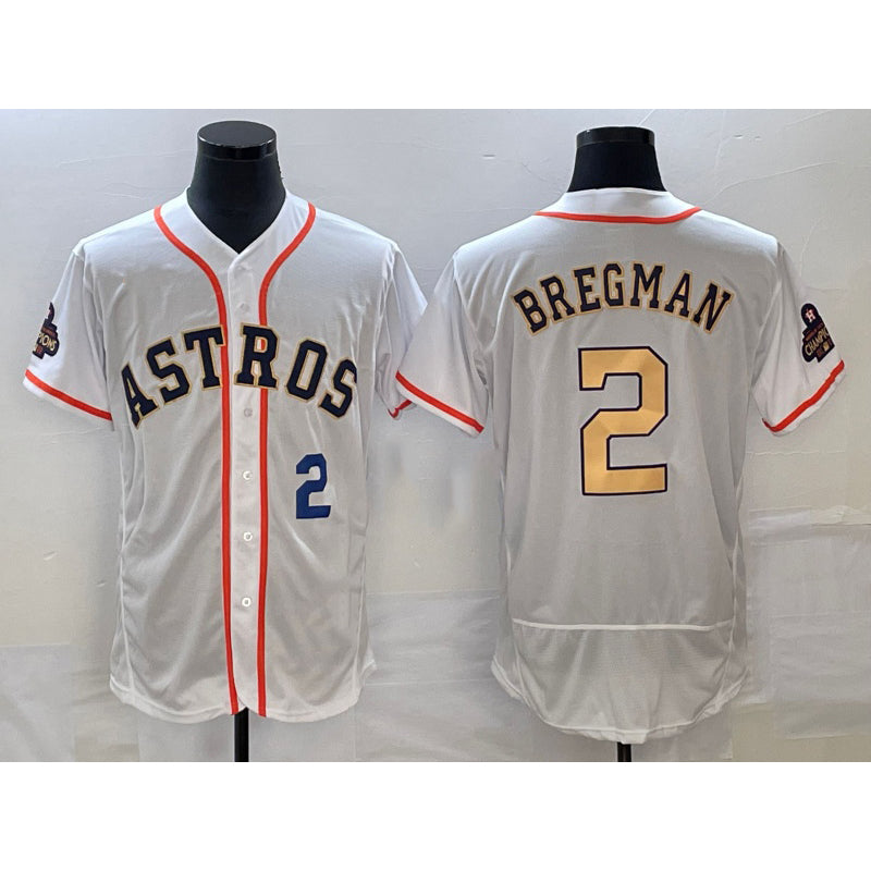 Houston Astros #2 Alex Bregman Number 2023 White Gold Puhics World Serise Champions Patch Flex Base Stitched Jersey 3