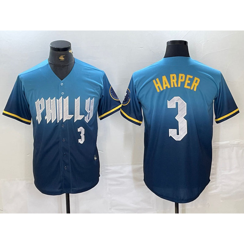Philadelphia Phillies #3 Bryce Harper Number Blue Puhics 2024 City Connect Limited Stitched Jersey
