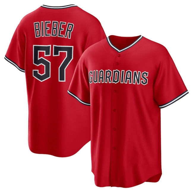 Cleveland Guardians #57 Shane Bieber Red Puhics Cool Base Stitched Jersey