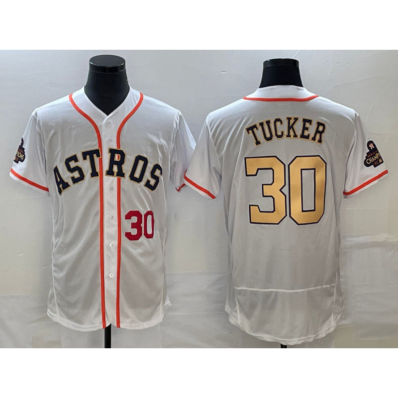 Houston Astros #30 Kyle Tucker Number 2023 White Gold Puhics World Serise Champions Patch Flex Base Stitched Jersey