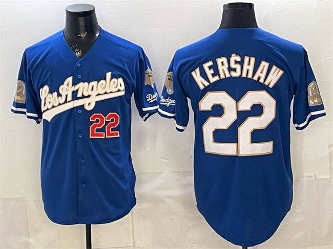 Los Angeles Dodgers #22 Clayton Kershaw Royal Puhics 2026 Gold Collection 9x & B2B Champs Patch Stitched Jersey