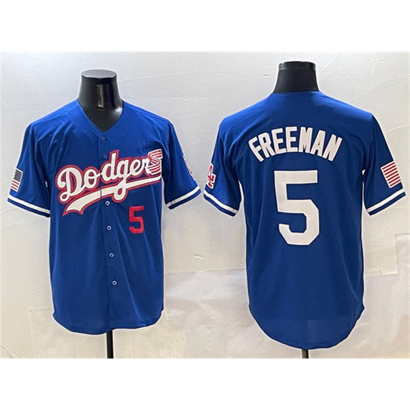 Los Angeles Dodgers #5 Freddie Freeman Royal Puhics With American Flag Patch Limited Stitched Jersey