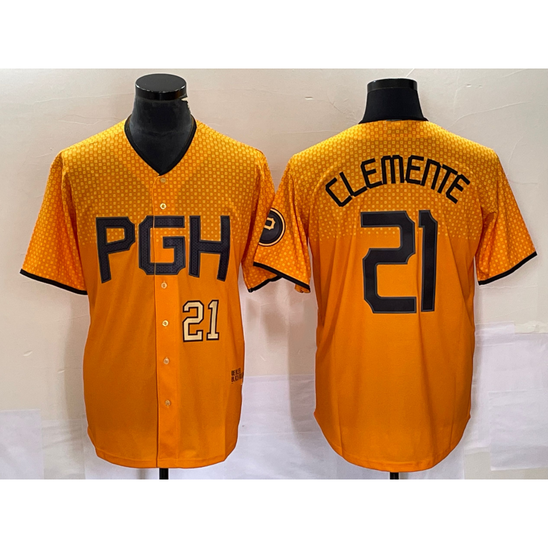 Pittsburgh Pirates #21 Roberto Clemente Number Gold Puhics 2023 City Connect Stitched Jersey