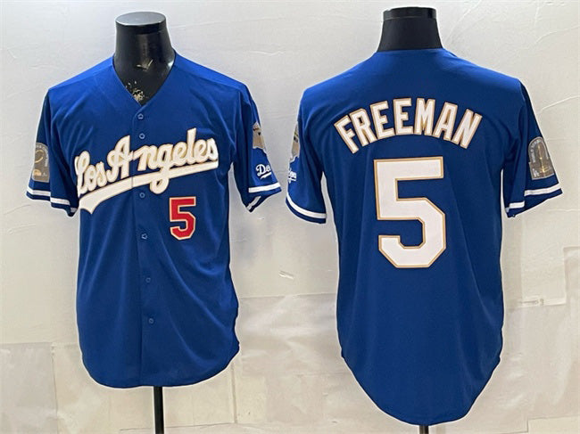 Los Angeles Dodgers #5 Freddie Freeman Royal Puhics 2026 Gold Collection 9x & B2B Champs Patch Stitched Jersey