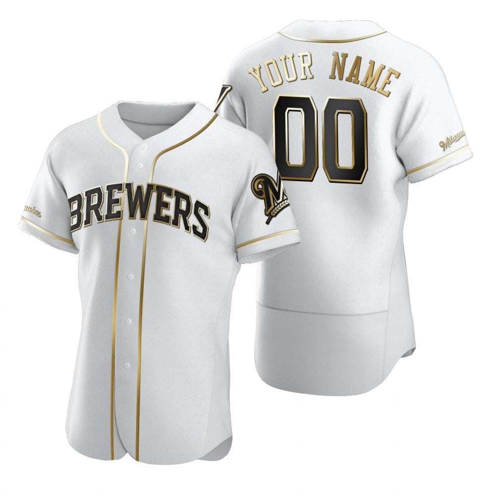 Custom Milwaukee Brewers White Puhics Stitched Flex Base Golden Edition Jersey